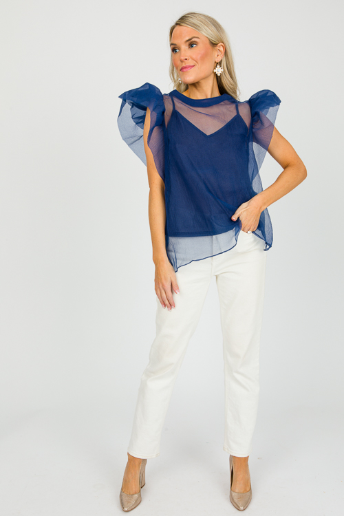 Organza Ruffle Top, Navy