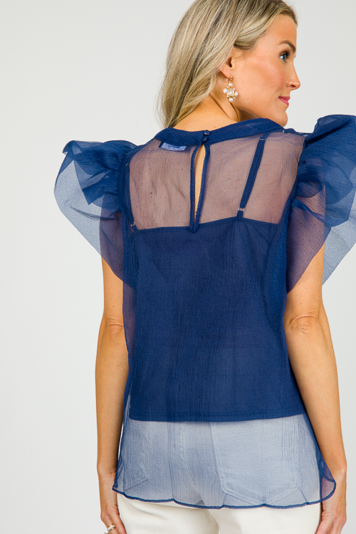 Organza Ruffle Top, Navy