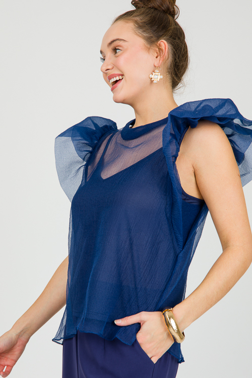 Organza Ruffle Top, Navy