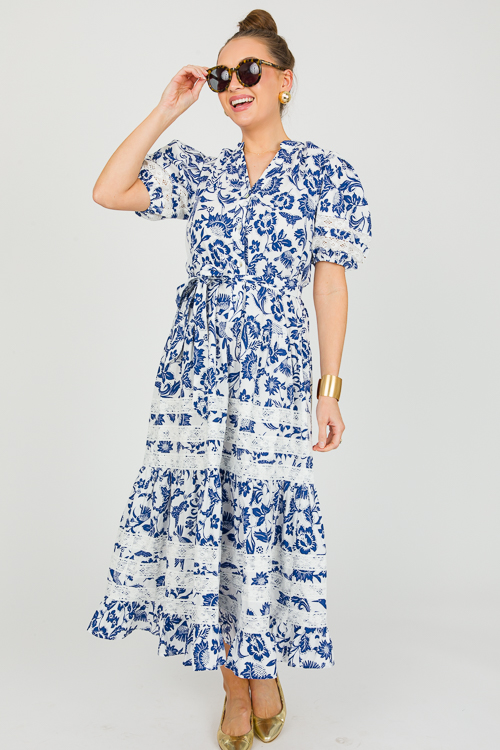 Crochet Trim Midi, Navy Print