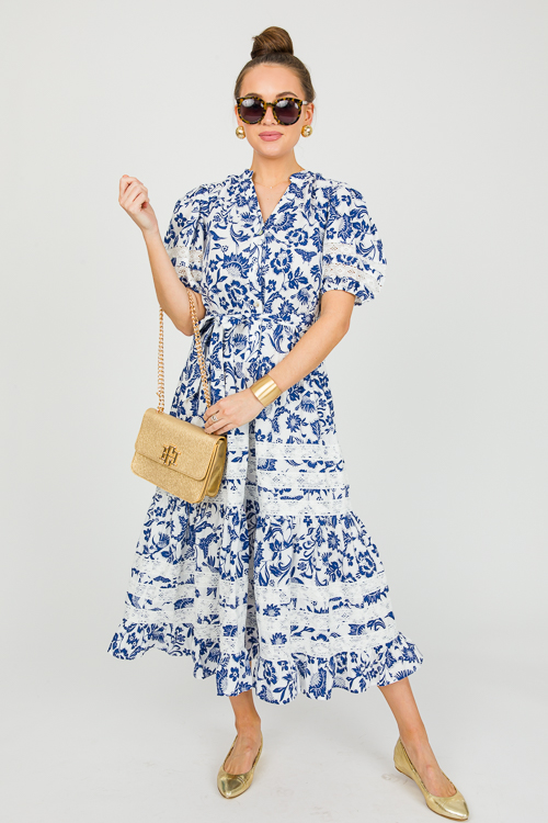 Crochet Trim Midi, Navy Print