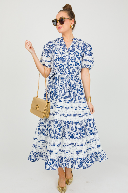 Crochet Trim Midi, Navy Print