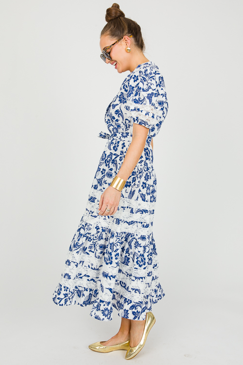 Crochet Trim Midi, Navy Print