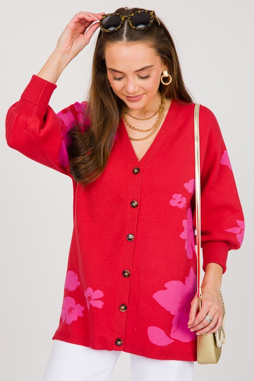 Floral Button Sweater, Red Pink