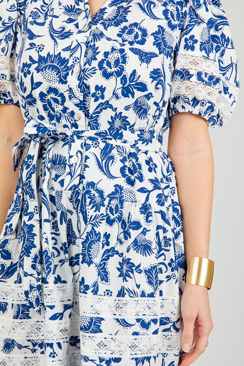 Crochet Trim Midi, Navy Print