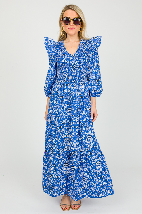 Lulu Floral Smock Maxi, Lt. Blu