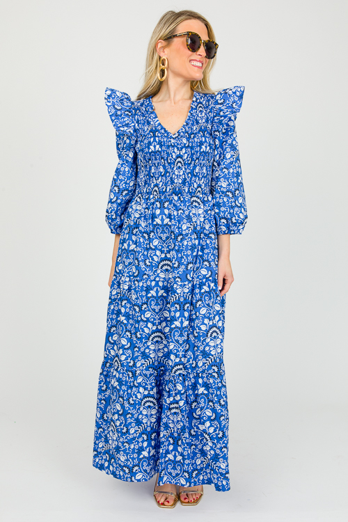 Lulu Floral Smock Maxi, Lt. Blu