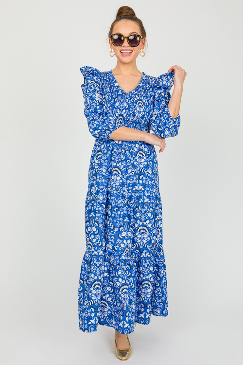 Lulu Floral Smock Maxi, Lt. Blu