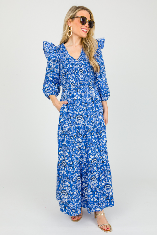 Lulu Floral Smock Maxi, Lt. Blu