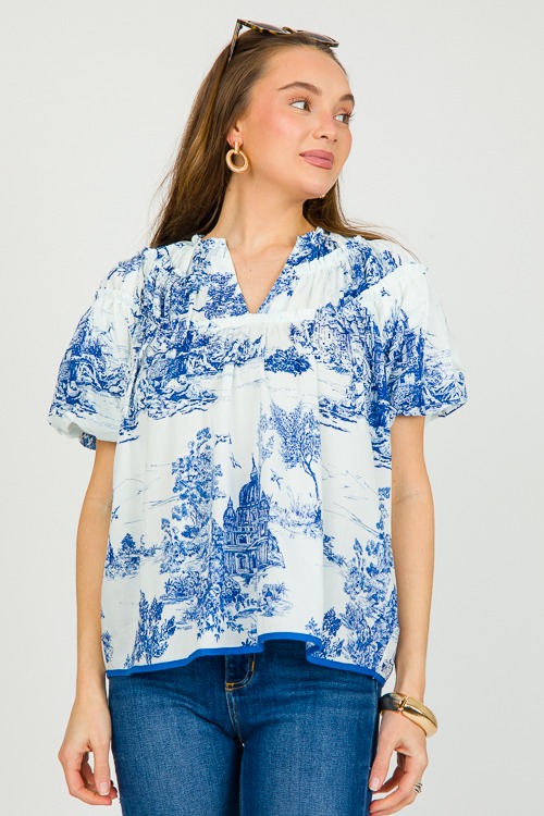 Toile Landscape Top, Blue - New Arrivals - The Blue Door Boutique