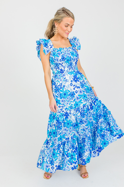 Smocked Bodice Maxi Dress - French Navy, Artisan Bloom