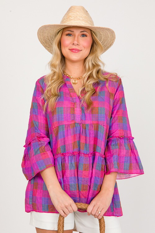 Plaid Checks Babydoll Top, Fuchsia - 0306-92h.jpg