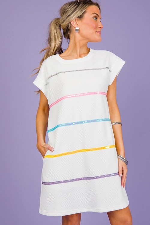 Sequin Stripe Texture Dress, Off White - New Arrivals - The Blue Door  Boutique