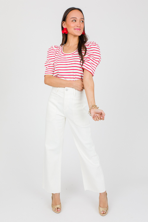 Puff Sleeve Stripe Top, White/Red - New Arrivals - The Blue Door