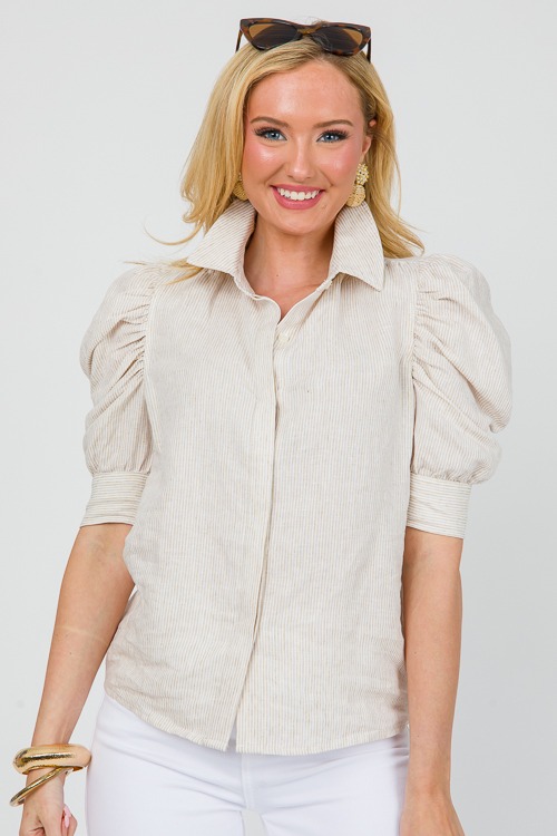 Puff Sleeve Stripe Shirt, Khaki - 0401-57.jpg