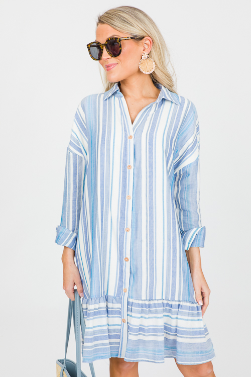 Belted Stripes Shirt Dress, Blue - New Arrivals - The Blue Door