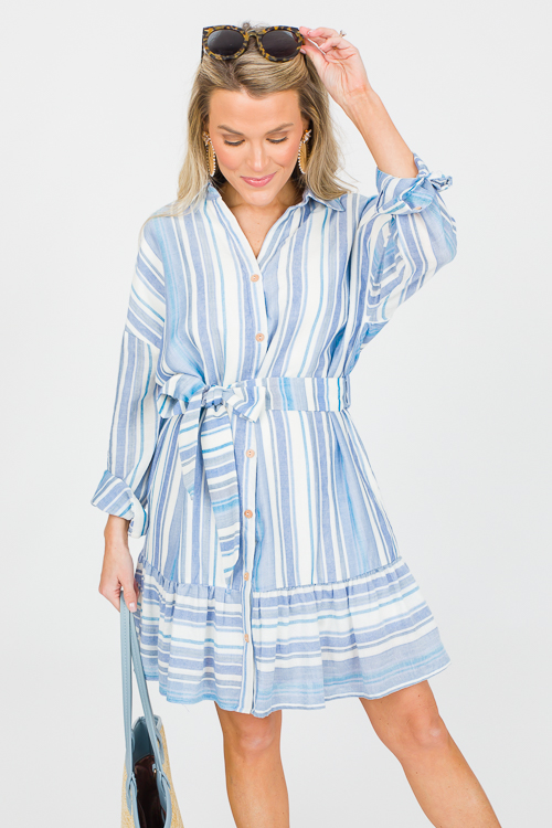 Belted Stripes Shirt Dress, Blue - New Arrivals - The Blue Door