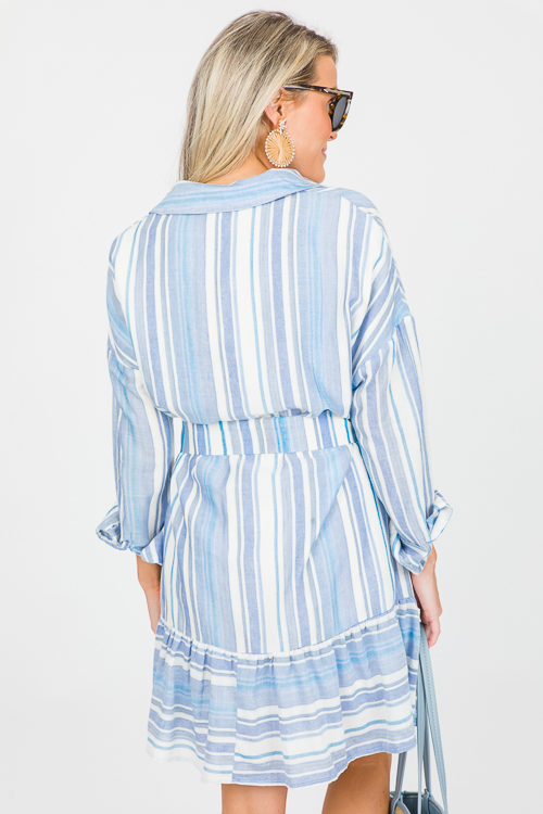 Belted Stripes Shirt Dress, Blue - New Arrivals - The Blue Door