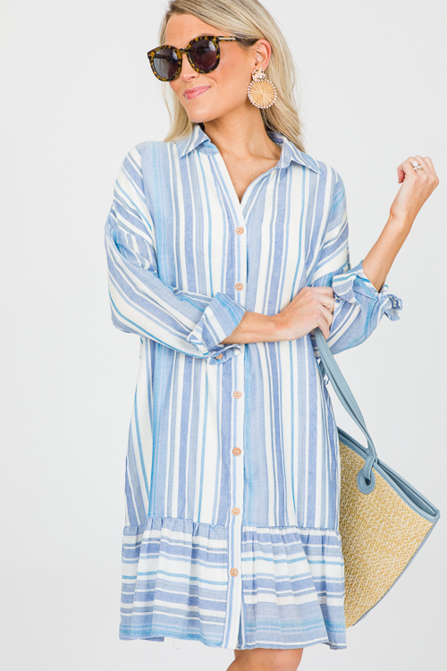 Belted Stripes Shirt Dress, Blue - New Arrivals - The Blue Door