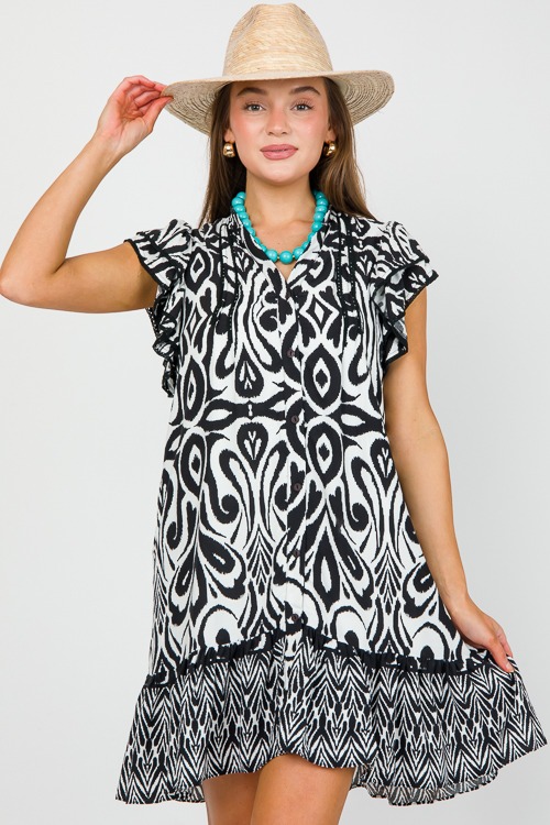 Contrast Hem Print Dress, Black - 0425-25p.jpg