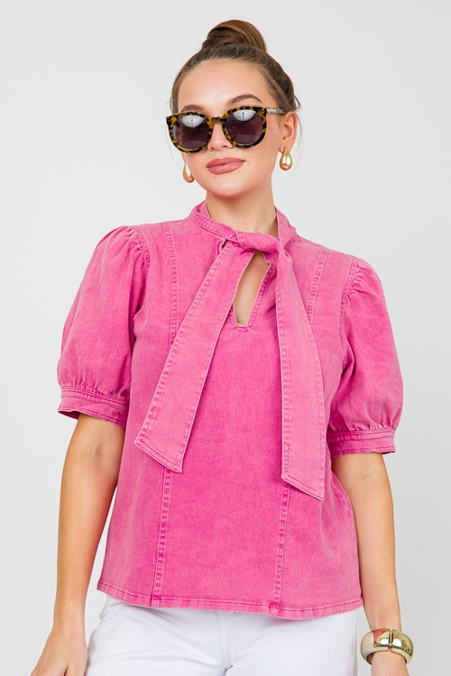 Denim Tie Neck Top, Pink - 0430-120.jpg