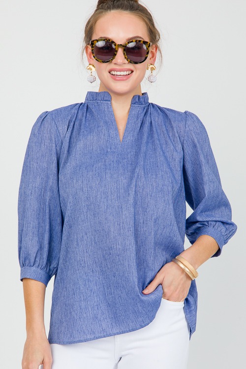 Linen Ruffle Neck Blouse, Blue - 0515-80p.jpg