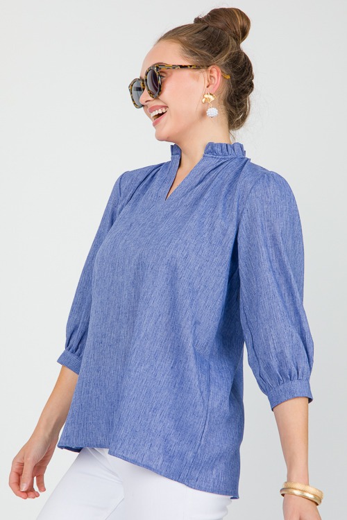 Linen Ruffle Neck Blouse, Blue - 0515-81h.jpg