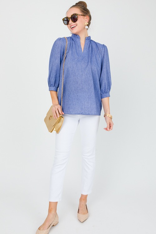 Linen Ruffle Neck Blouse, Blue - 0515-82.jpg