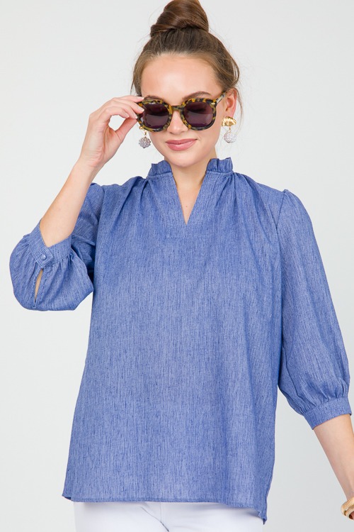 Linen Ruffle Neck Blouse, Blue - 0515-83.jpg