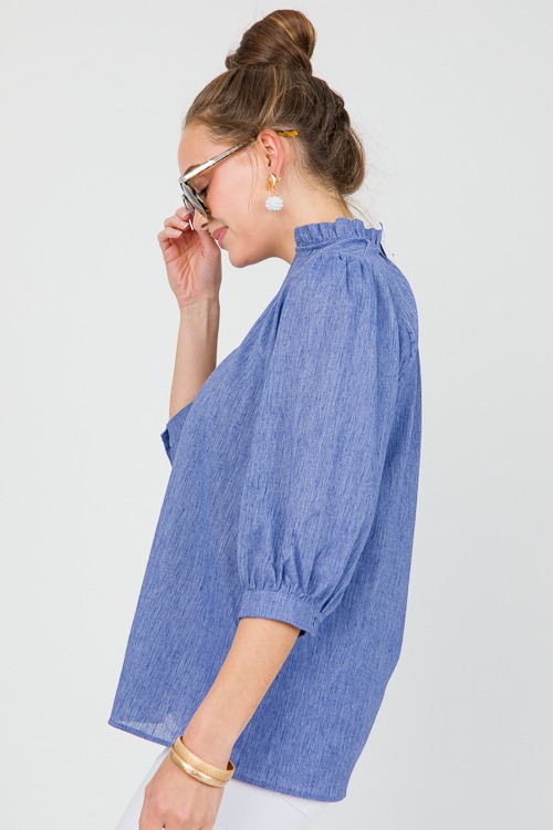 Linen Ruffle Neck Blouse, Blue - 0515-84.jpg