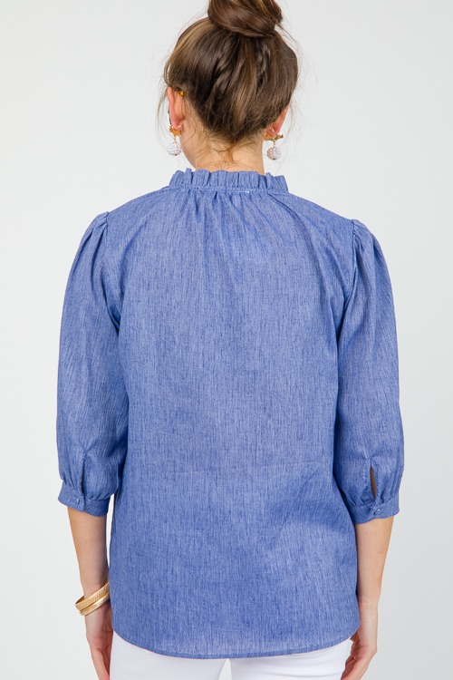 Linen Ruffle Neck Blouse, Blue - 0515-85.jpg