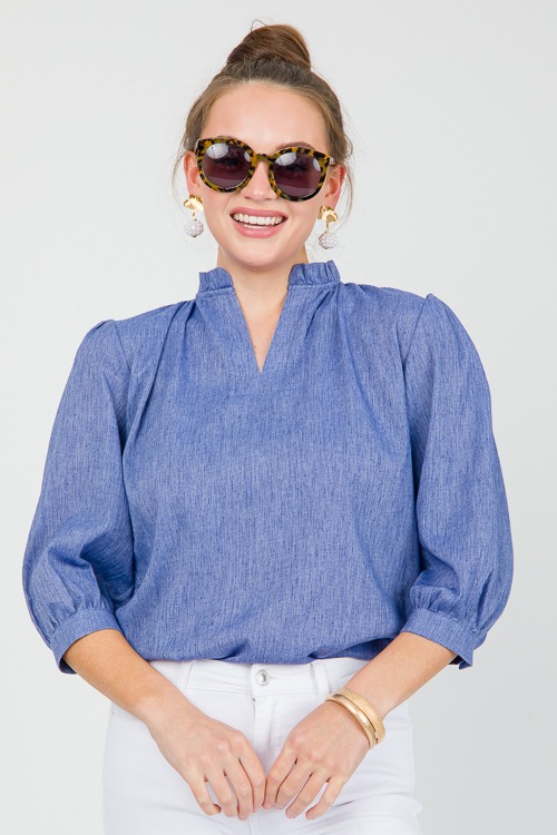 Linen Ruffle Neck Blouse, Blue - 0515-86.jpg