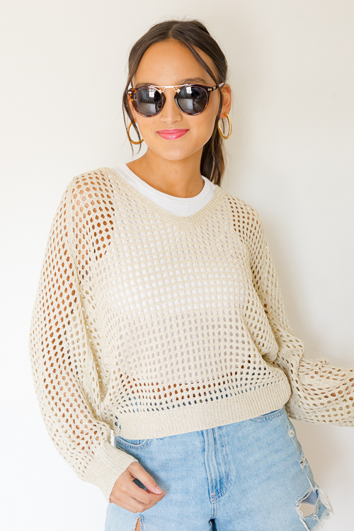 Open Weave Sweater, Cream Gold