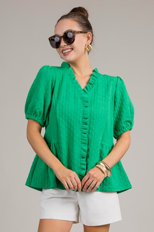 Ruffle Trim Texture Top, Green - 0709-63h.jpg