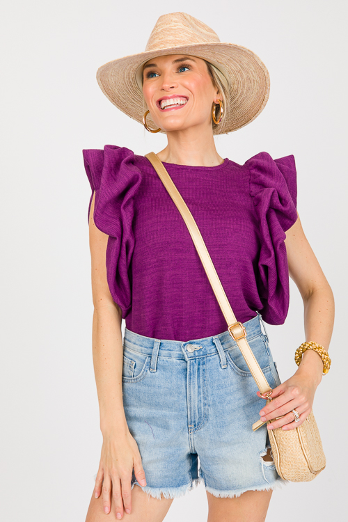 Ruffle Puff Sleeve Knit Top, Purple