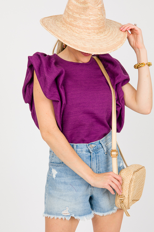 Ruffle Puff Sleeve Knit Top, Purple