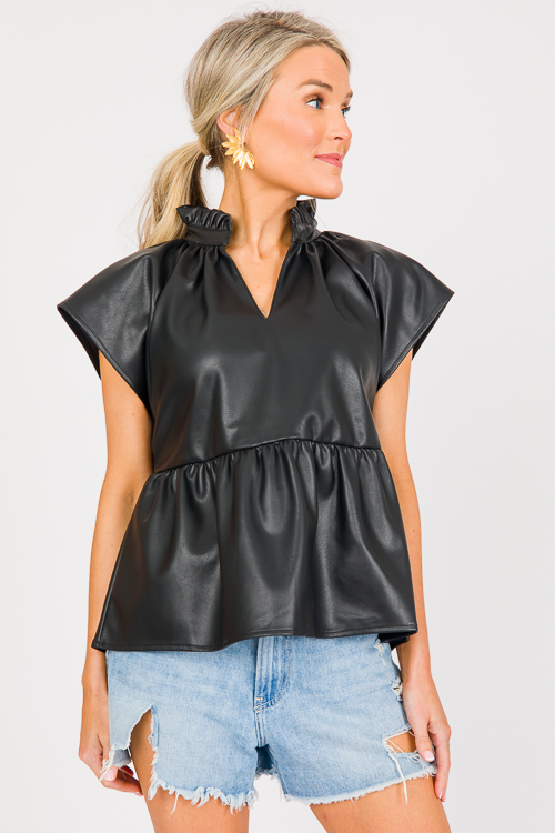 Faux Leather Peplum Puff Sleeve Top