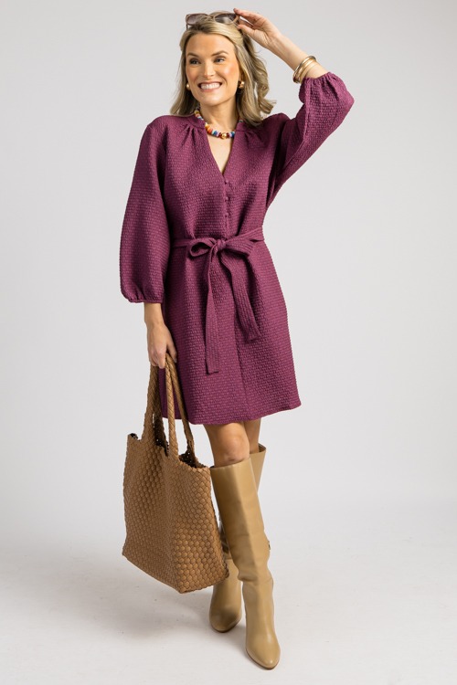 Tie Belt Texture Dress, Plum - 0904-1pp.jpg