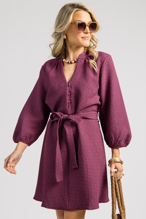 Tie Belt Texture Dress, Plum - 0904-2hh.jpg