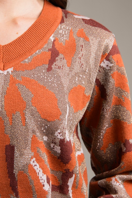 Metallic Print V Sweater, Rust - 0911-62.jpg