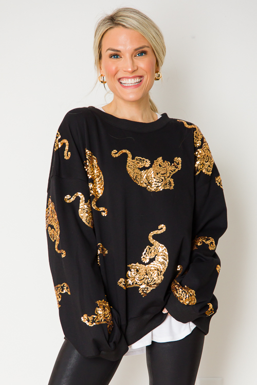 Sequin Tiger Sweatshirt, Black/Gold - New Arrivals - The Blue Door Boutique