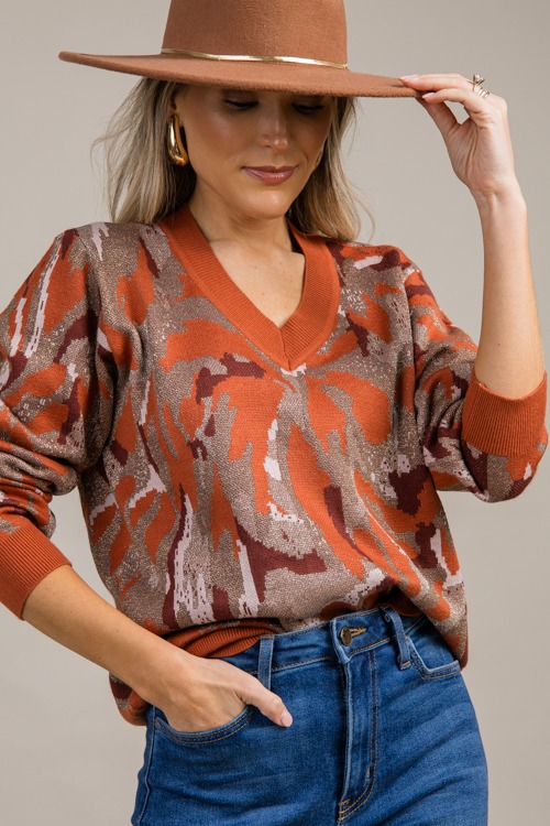 Metallic Print V Sweater, Rust - 0925-95p.jpg