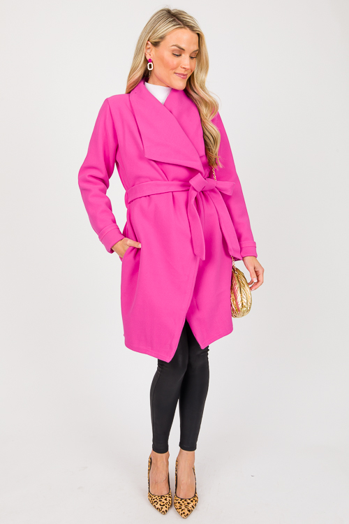 Drape Front Belted Coat, Pink