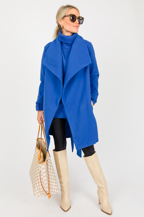 Drape Front Belted Coat, Cobalt