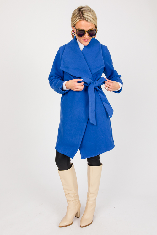 Drape Front Belted Coat, Cobalt