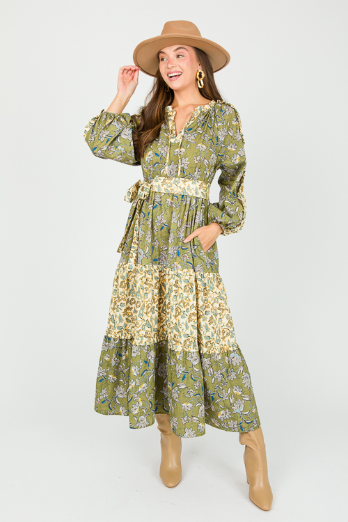 Floral Contrast Belt Maxi, Green