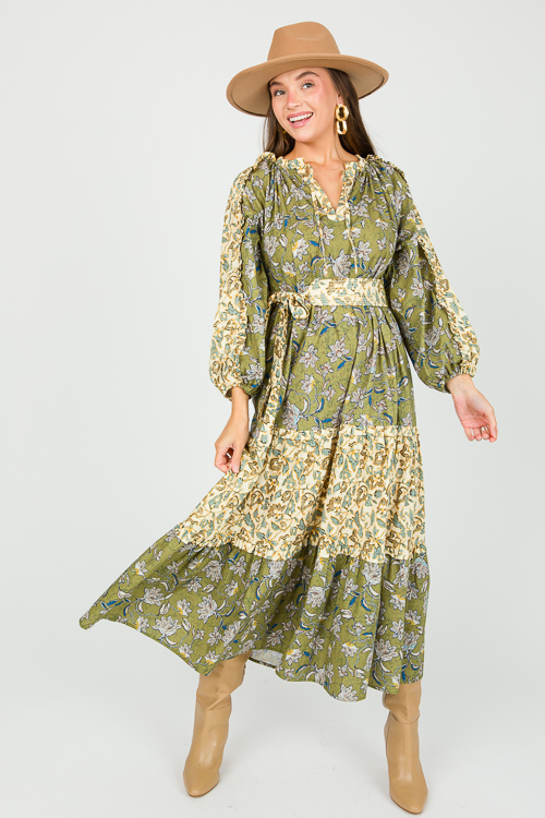 Floral Contrast Belt Maxi, Green