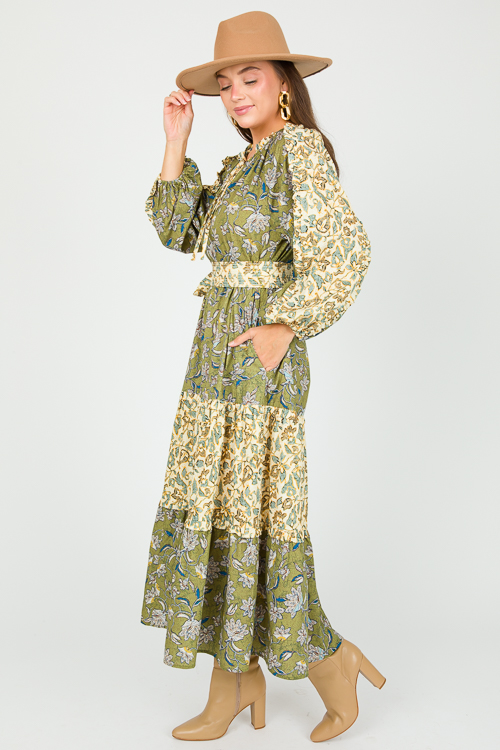 Floral Contrast Belt Maxi, Green - New Arrivals - The Blue Door Boutique