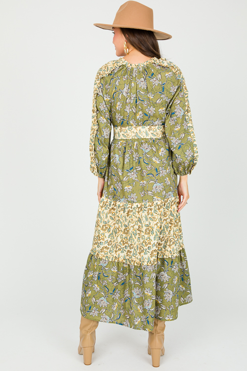 Floral Contrast Belt Maxi, Green