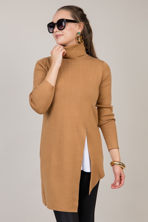 Asymmetric Hem Slit Sweater, Camel - 1009-68h.jpg